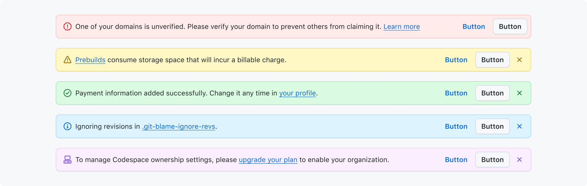 Image displaying each variant of the banner component, from top: critical, warning, success, info, upsell.